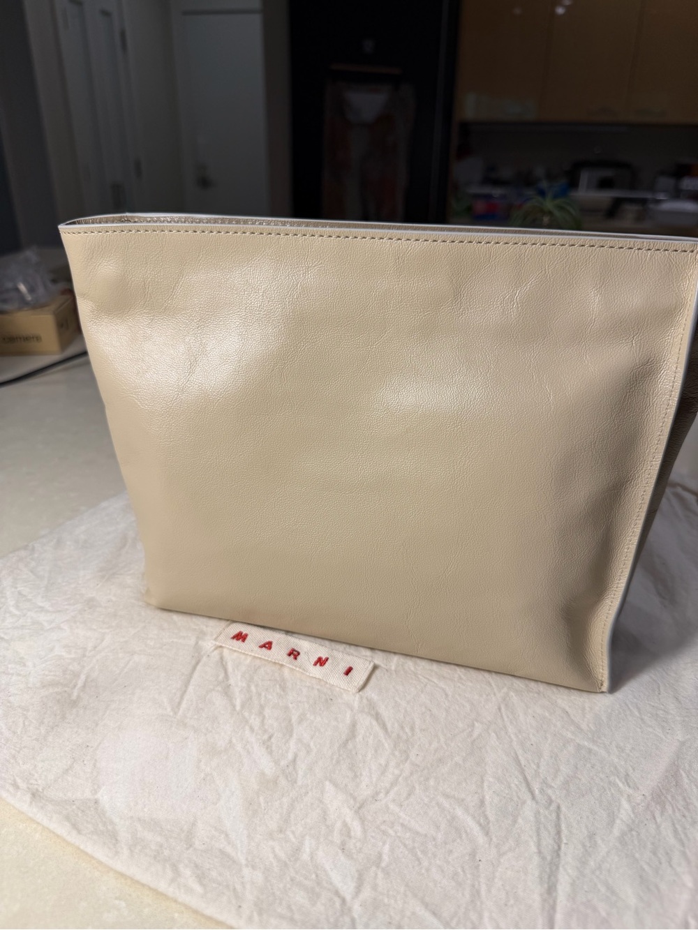Marni East-West Museo Leather Wristlet Clutch Moonstone Tan Loop Handle Dust Bag - Picture 9 of 9